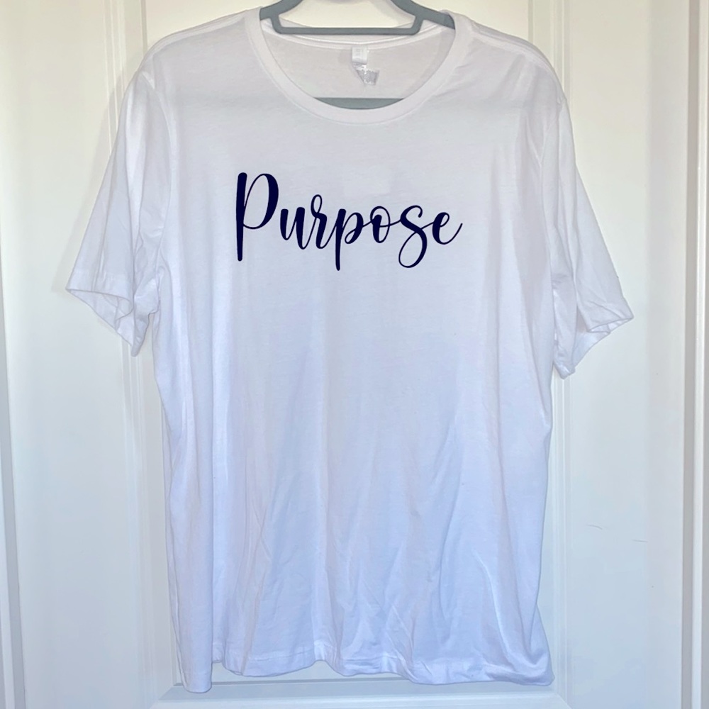 XL Bella Canvas Graphic T. White. Purpose in Black. Soft. Boutique logo on back